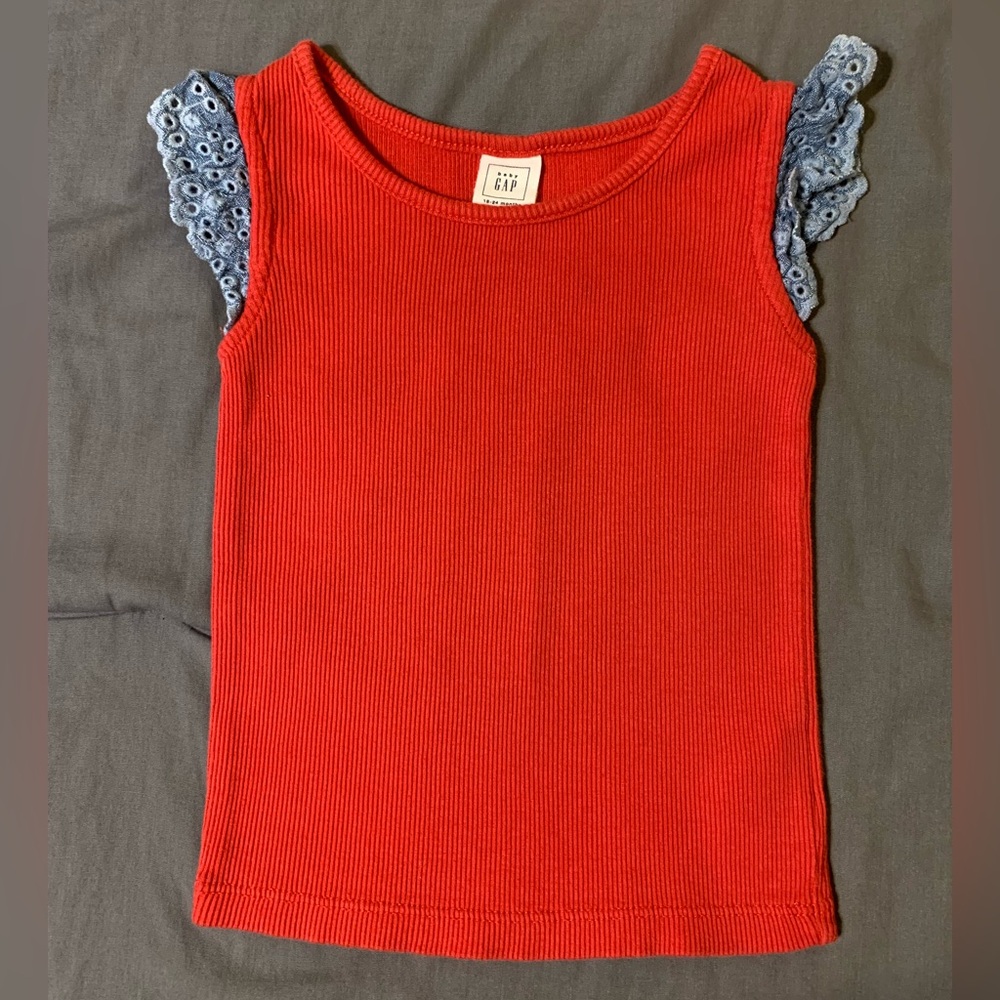 babyGAP Red Ribbed Tank with Blue Eyelet Cap Sleeves